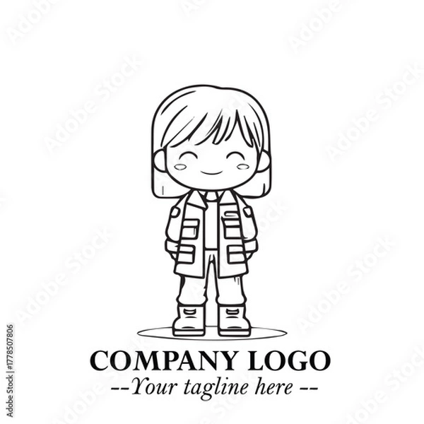 Fototapeta Black and White Chibi Girl Standing in Jacket, Pants, and Boots. Simple Bold Vector Illustration