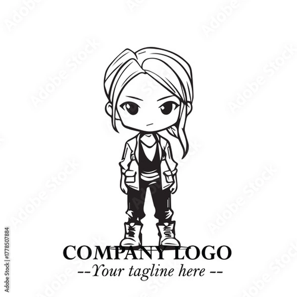 Obraz Black and White Chibi Girl Standing in Jacket, Pants, and Boots. Simple Bold Vector Illustration