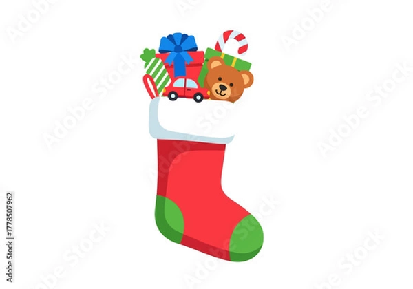 Fototapeta Red christmas stocking filled with holiday gifts like toy car and candy cane, perfect for festive holiday designs and christmas themes.
