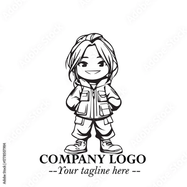 Fototapeta Black and White Chibi Girl Standing in Jacket, Pants, and Boots. Simple Bold Vector Illustration