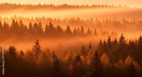 Fototapeta Ethereal Forest: Golden Mist Enveloping Evergreen Trees at Sunrise
