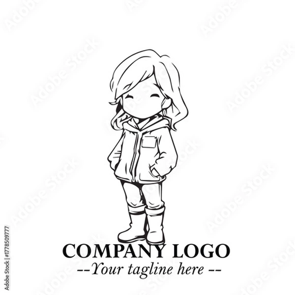 Obraz Black and White Chibi Girl Standing in Jacket, Pants, and Boots. Simple Bold Vector Illustration