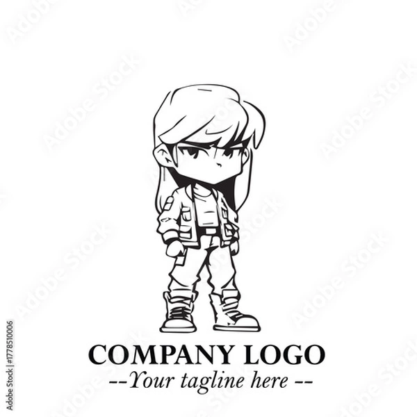 Obraz Black and White Chibi Girl Standing in Jacket, Pants, and Boots. Simple Bold Vector Illustration