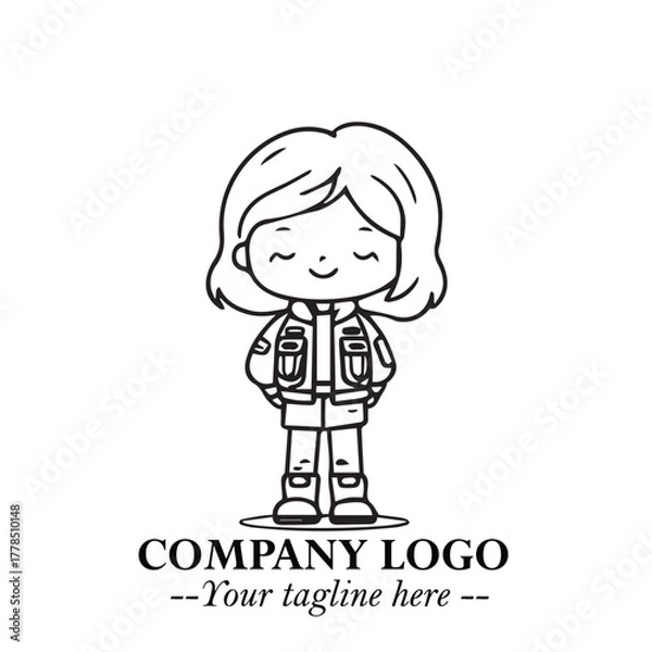 Obraz Black and White Chibi Girl Standing in Jacket, Pants, and Boots. Simple Bold Vector Illustration