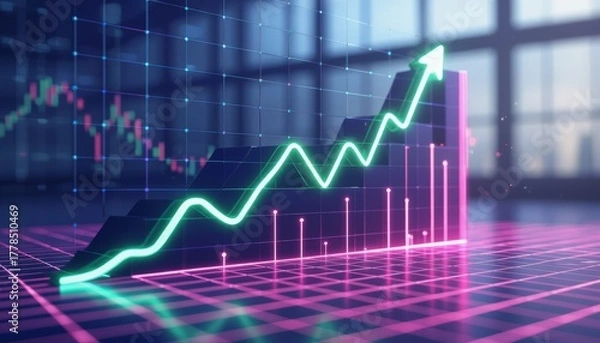Fototapeta Uptrending stock market graph visualization with glowing lines and bars in a digital setting