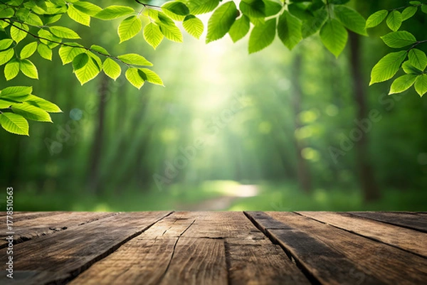Fototapeta Wooden table surface with blurred forest background and sun rays