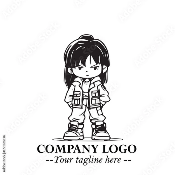 Fototapeta Black and White Chibi Girl Standing in Jacket, Pants, and Boots. Simple Bold Vector Illustration