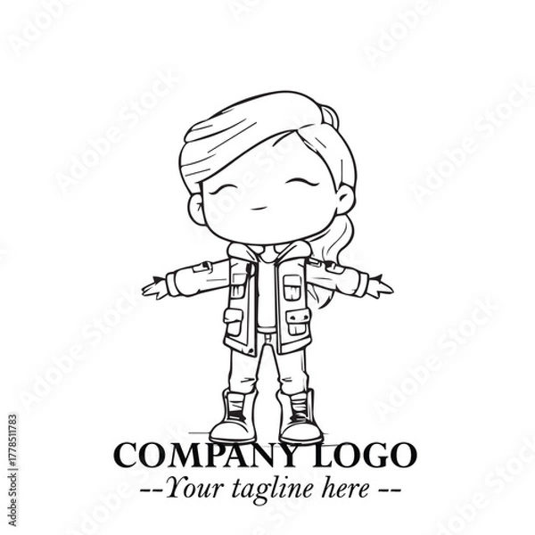 Fototapeta Black and White Chibi Girl Standing in Jacket, Pants, and Boots. Simple Bold Vector Illustration