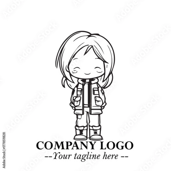 Fototapeta Black and White Chibi Girl Standing in Jacket, Pants, and Boots. Simple Bold Vector Illustration