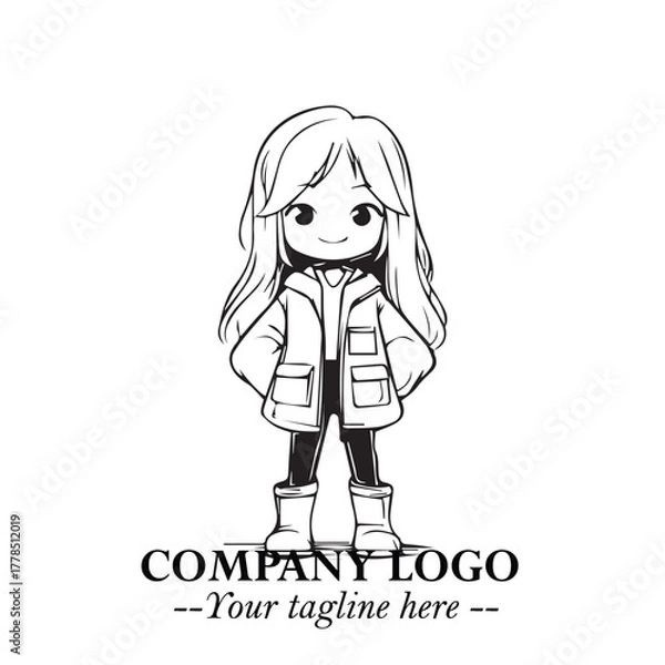 Fototapeta Black and White Chibi Girl Standing in Jacket, Pants, and Boots. Simple Bold Vector Illustration