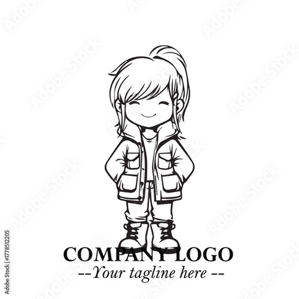 Fototapeta Black and White Chibi Girl Standing in Jacket, Pants, and Boots. Simple Bold Vector Illustration