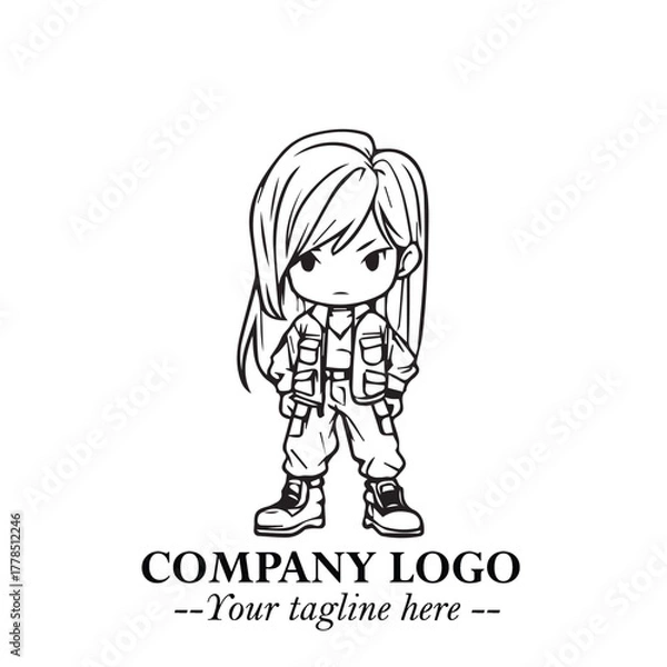 Obraz Black and White Chibi Girl Standing in Jacket, Pants, and Boots. Simple Bold Vector Illustration