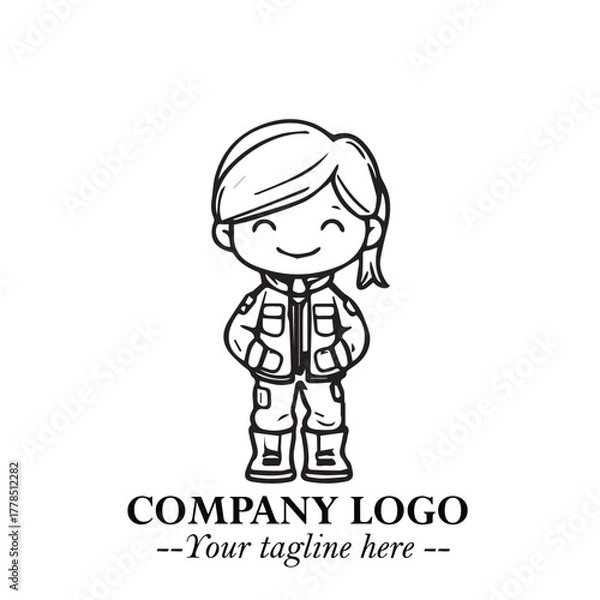 Fototapeta Black and White Chibi Girl Standing in Jacket, Pants, and Boots. Simple Bold Vector Illustration
