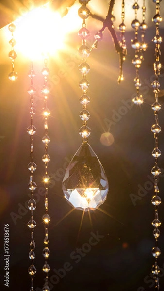 Obraz Sunlight shining through crystal chandelier beads, sparkling and elegant, close up view
