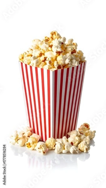 Fototapeta A classic red and white striped popcorn container filled