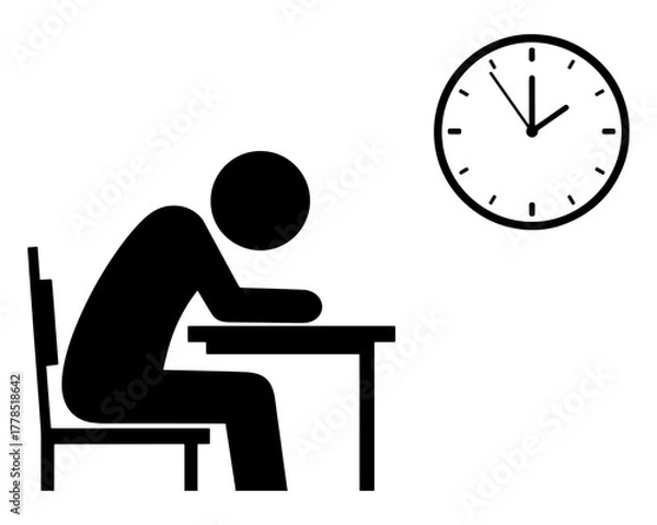 Fototapeta Stick figure slumped at desk with clock showing time.