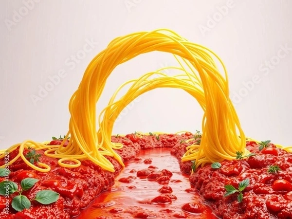 Obraz Giant spaghetti noodle archway over a river of tomato sauce, a playful and edible bridge connecting culinary worlds,  surreal,  food fantasy