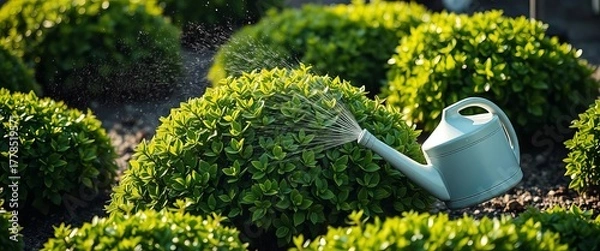 Fototapeta Green shrub watered by sprinkling can in stark landscape ,  inspiration,  health