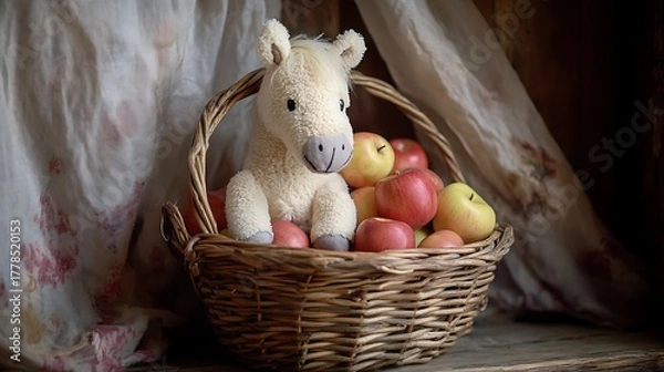 Fototapeta Stuffed horse in a basket of toy apples