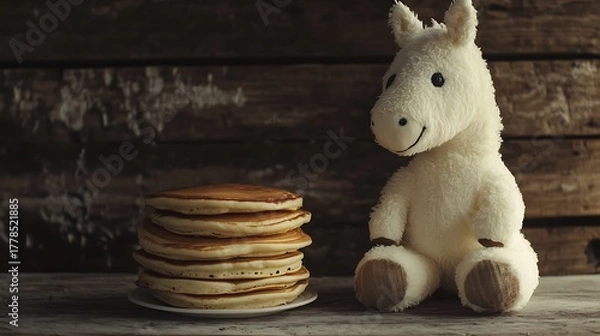 Obraz Stuffed horse sitting beside a stack of pancakes