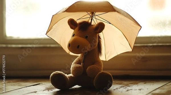 Fototapeta Stuffed horse sitting under a tiny umbrella