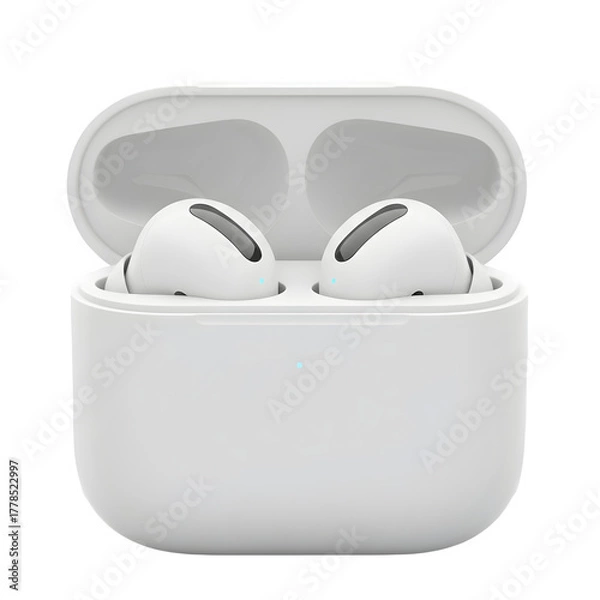 Obraz White Wireless Earbuds in Open Charging Case - Transparent Background Isolated Object