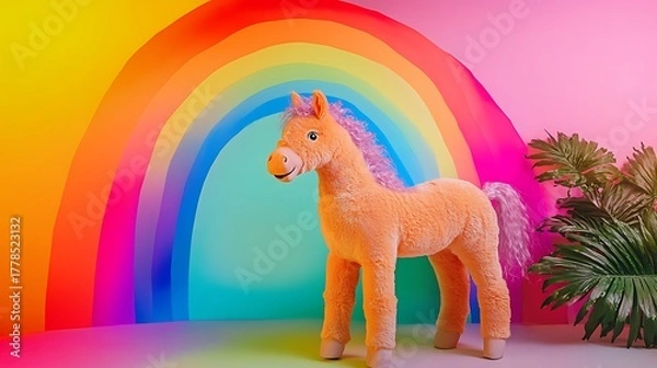 Fototapeta Stuffed horse standing by a rainbow arch