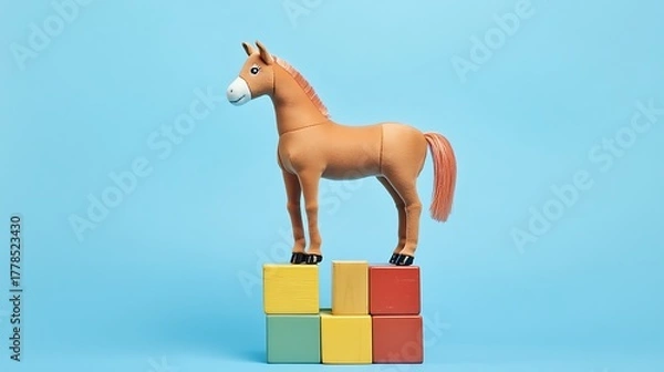 Fototapeta Stuffed horse standing on a toy block tower