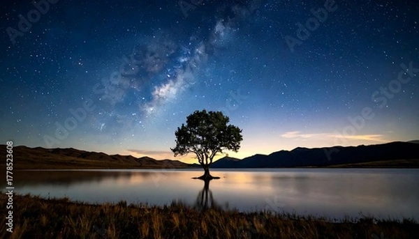 Fototapeta Silhouette tree in calm lake under a starry night