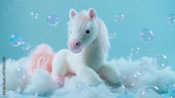 Fototapeta Stuffed horse surrounded by floating bubbles