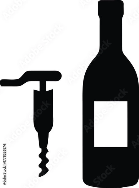 Fototapeta Simple wine bottle and corkscrew vector graphic bar tool