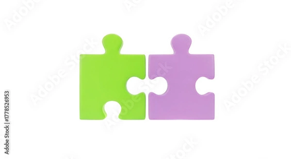 Obraz Two interlocking puzzle pieces green and purple isolated on a transparent background jigsaw
