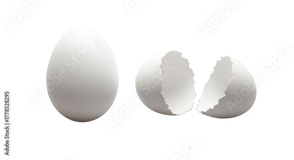 Obraz Whole white egg and broken eggshell halves isolated on a transparent background cracked egg