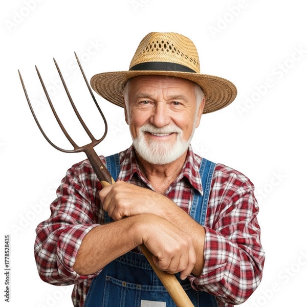 Fototapeta Smiling farmer with pitchfork isolated on transparent background