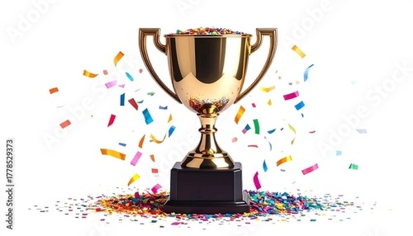 Fototapeta Golden trophy cup with colorful confetti falling around it on a white background, symbolizing celebration, victory, and achievement.