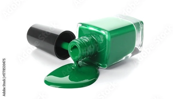 Fototapeta A spilled bottle of vibrant green nail polish, brush and cap next to it