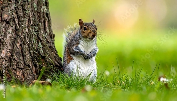 Fototapeta A squirrel stands near a tree in a lush green grassy meadow