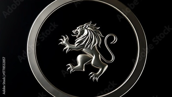 Fototapeta sedition. Polished metal lion emblem isolated on a dark background with a silver metallic sheen. wildlife magazines, conservation campaigns, designed for eco-tourism storytelling.