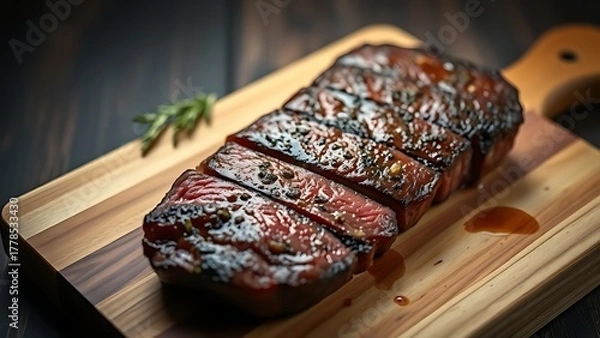 Fototapeta cuttingboard. Juicy steak on rustic cutting board photographed from above with appetizing shallow focus. menu design, packaging mockups, designed for culinary blogs and recipe cards for restaurants.