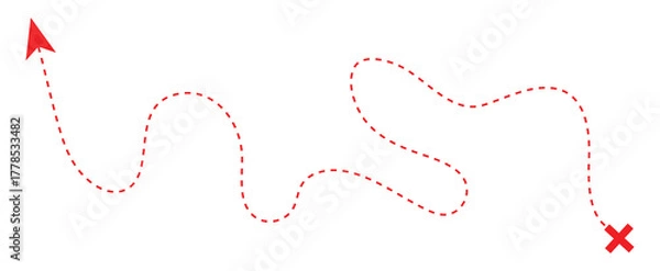 Fototapeta Treasure map element. A dashed arrow line and red X mark ink on the map, the treasure map with a dotted line. curved Dashed outline arrows set. 