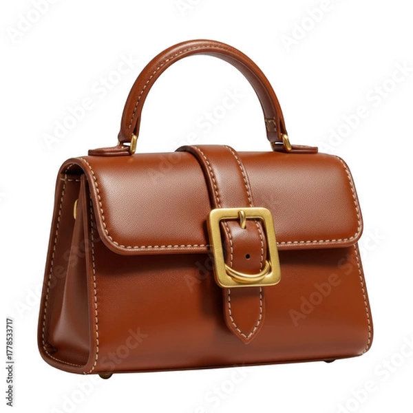 Fototapeta Brown leather handbag with gold buckle isolated on transparent background