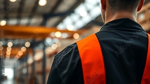 Fototapeta bluecollar. Warehouse worker focused on task, with industrial setting softly blurred in background. safety posters.