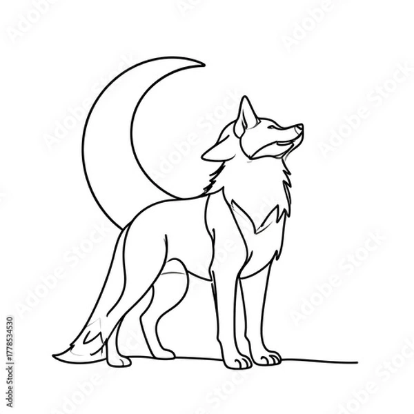 Fototapeta A stylized outline of a fox standing before a crescent moon