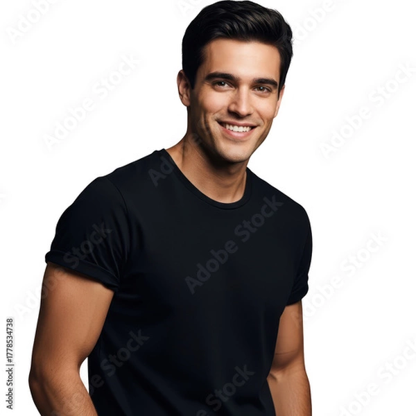 Fototapeta Smiling young man in black t shirt isolated on transparent background