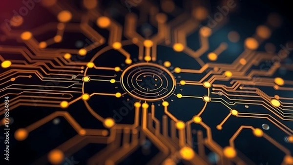 Fototapeta conductive. An abstract golden circuit pattern with geometric lines on a dark atmospheric background. symbolizing technological progress and responsible innovation.