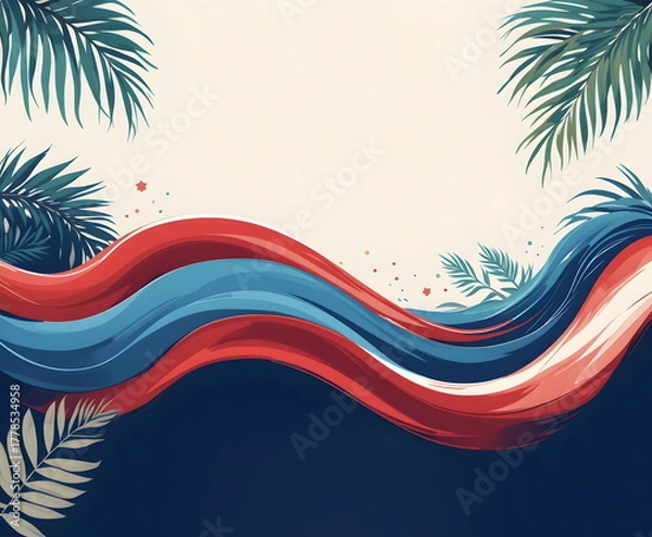 Obraz Abstract minimalistic background with flowing red, white, and blue ribbons and tropical leaves.