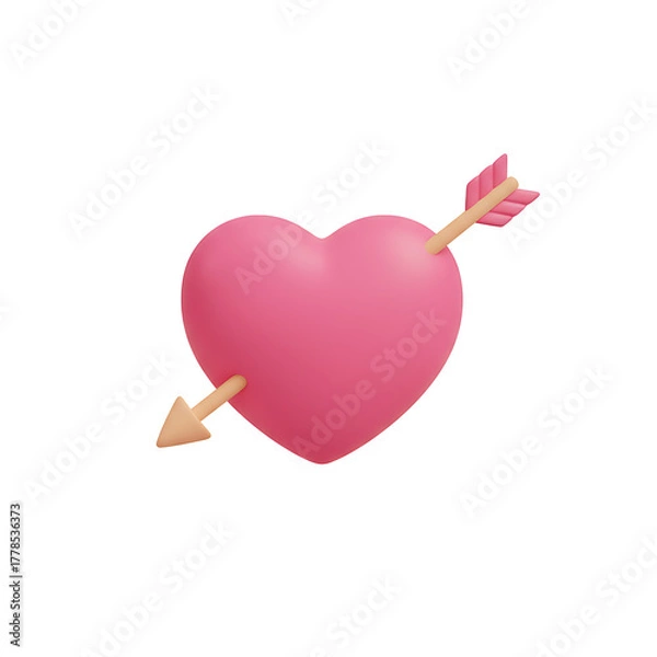 Fototapeta Cute 3D render of a pink love heart struck by a golden arrow, an isolated icon perfect for Valentine's Day greetings, romantic designs, and declarations of love