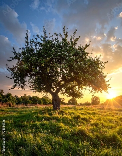 Fototapeta A sunlit tree stands in a field under a cloudy sunset sky