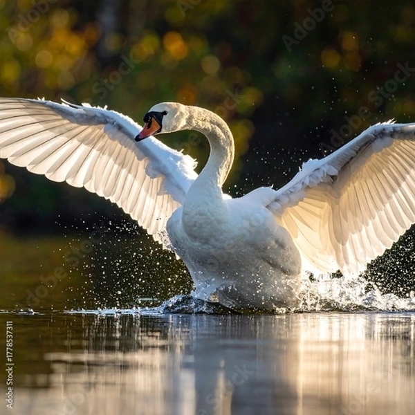 Fototapeta A swan taking flight, spreading wings over the water