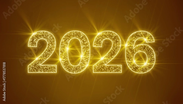 Fototapeta Illustration of abstract neon light with the numbers 2026 over yellow background - represents the new year - vacation concept.